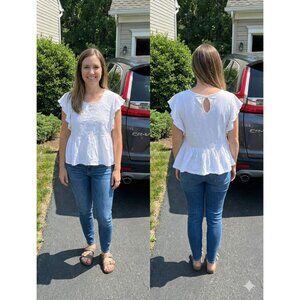 Lucky Brand Women White Embroidered Eyelet Ruffle Flutter Sleeve Peplum Top M